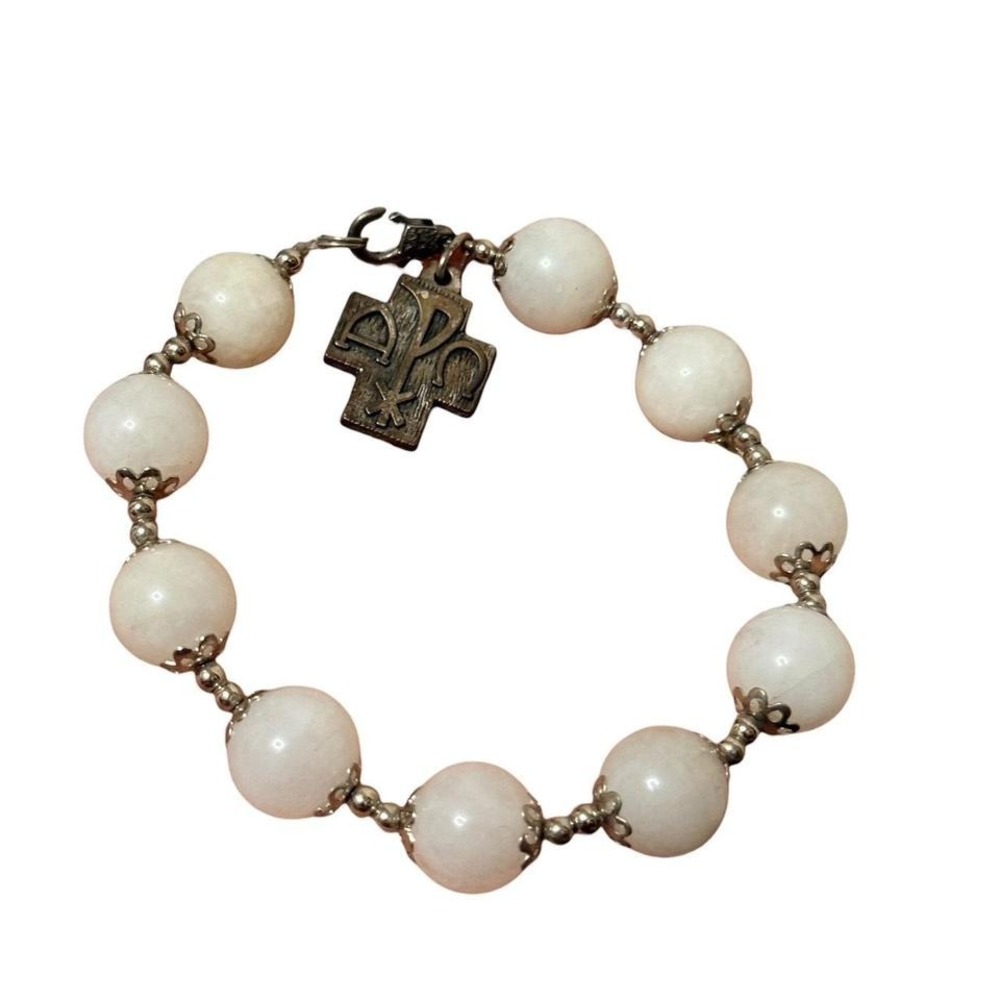 Vintage Chi Rho Alpha Omega Rosary Bracelet White Stone Beads Religious Cross
